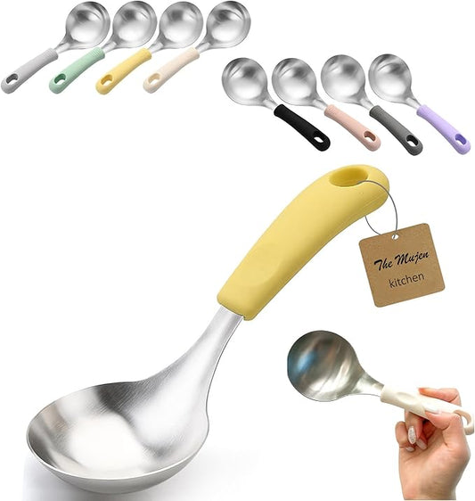 Korean Mukbang Spoon, Serving Spoon, Multipurpose Stainless Steel Ladle Silicone handle Serving Cooking Ladle 먹방 스푼,미니 국자, 서빙스푼 전현무 국자 (Yellow)