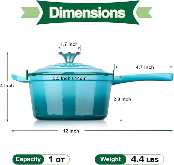 HaSteeL 1 QT Cast Iron Saucepan, Mini Enamel dutch oven with lid, Small Non Stick Pan for Milk, Pasta Tomato Sauce, Butter, Breakfast, Soup, Suitable for Boiling Stewing Frying, Easy to Clean, Green