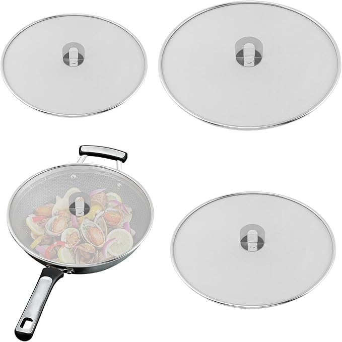 Splatter Screen for Frying Pan, 3 Pack (13/11.5/10 in) Stainless Steel Extra-Fine Mesh Grease Splatter Guard with Fold-Flat Knob, Dishwasher Safe by Unknown