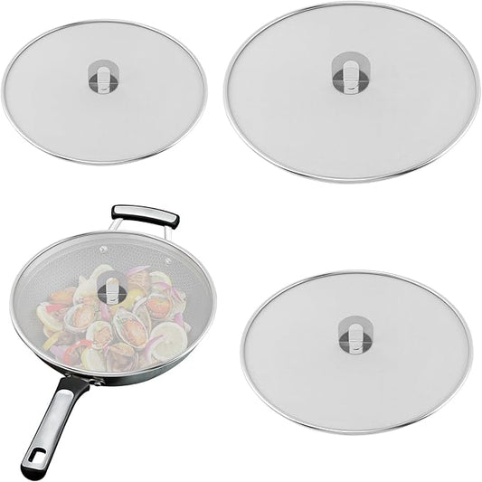 Splatter Screen for Frying Pan, 3 Pack (13/11.5/10 in) Stainless Steel Extra-Fine Mesh Grease Splatter Guard with Fold-Flat Knob, Dishwasher Safe by Unknown