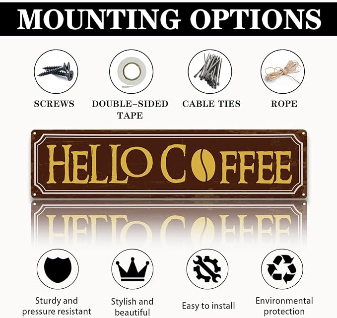 Hello Coffee Signs, Retro Metal Tin Sign, Home Kitchen Wall Decor, Farmhouse Decorations for Cafe, Coffee Station Decors, Decorative Metal Wall Signs 15.8x4 Inches - Image 3