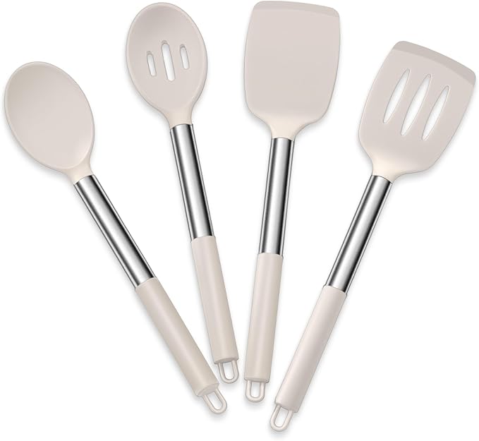 E-far Cooking Utensils Set of 4, Silicone Kitchen Utensils for Non-stick Cookware, Heat Resistant & Non-toxic Slotted Spatula Solid Spoon Turner for Flipping Mixing Serving Basting(Khaki) by E-far