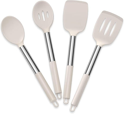 E-far Cooking Utensils Set of 4, Silicone Kitchen Utensils for Non-stick Cookware, Heat Resistant & Non-toxic Slotted Spatula Solid Spoon Turner for Flipping Mixing Serving Basting(Khaki) by E-far