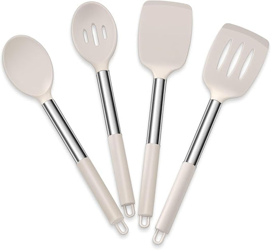 E-far Cooking Utensils Set of 4, Silicone Kitchen Utensils for Non-stick Cookware, Heat Resistant & Non-toxic Slotted Spatula Solid Spoon Turner for Flipping Mixing Serving Basting(Khaki) by E-far
