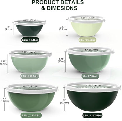 Greentainer Plastic Mixing Bowls with Lids Set for Kitchen, 6 Set Nesting Bowls for Mixing, Baking, Prepping, Cooking and Serving Food, Mixing Bowls Dishwasher, Microwave Safe