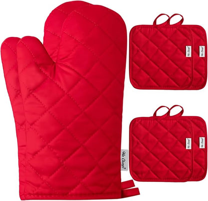 Oven Mitts and Pot Holders Sets,6 Pcs Oven Mitts and Potholders with Recycled Cotton High Heat Resistant Extra Thick Long Oven Mitts for Cooking(Red) by Win+Change