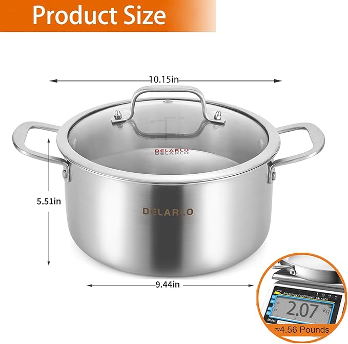 DELARLO Tri-Ply Stainless Steel 6QT Pot with Lid, Induction Ready, 6 Quart with Lid, Durable, Noodle Pot, 18/10 Heavy Duty for Cooking, Suit for All Stove, Up to 600℉(Lids 300℉) - Image 3