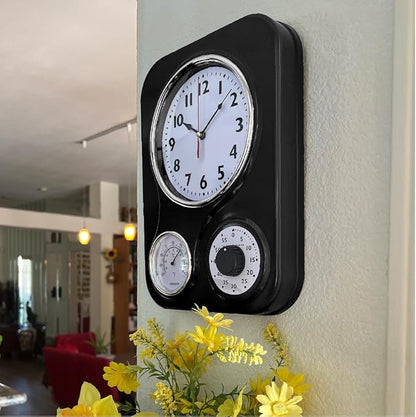 Lily's Home - 9.5 Inch x 12.5 Inch - Retro Kitchen Wall Clock, Vintage Wall Clock with a Thermometer and 60-Minute Timer, Ideal for Any Kitchen, Office, or Diner (Black)