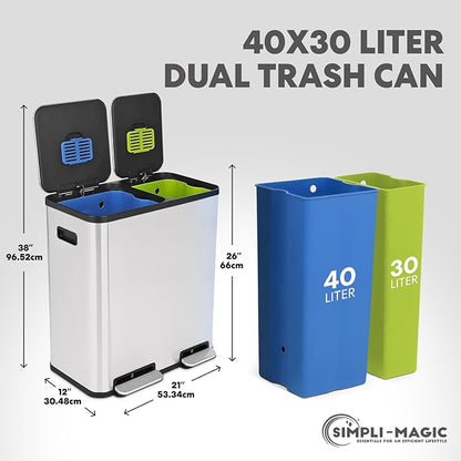 Simpli-Magic 70 Liter / 18.5 Gallon Rectangular Hands-Free Dual Compartment Recycling Kitchen Step Trash Can with Soft-Close Single Lid, Stainless Steel (40L x 30L Capacity), White - Image 3