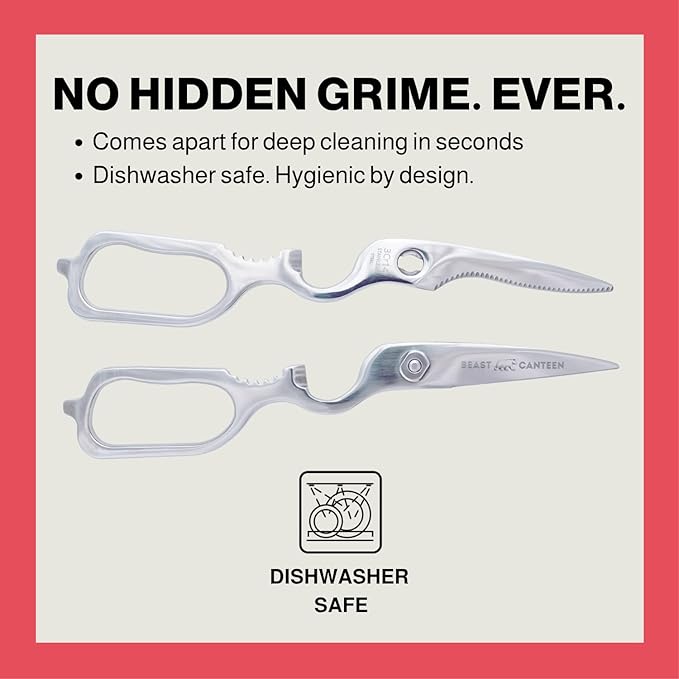Heavy Duty Kitchen Scissors for Food — All Purpose Cooking Scissors, All Stainless Steel, No Plastic, Come-Apart Blades for Easy Cleaning, Dishwasher Safe, 5-in-1 Multi-Tool