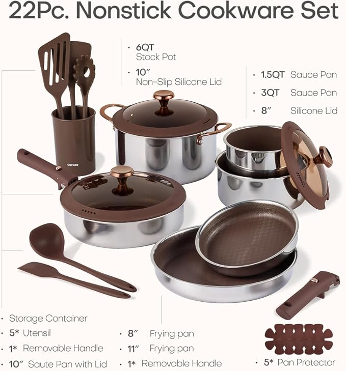 CAROTE 22PCS Stainless Steel Cookware Set, Ceramic Hybrid Nonstick Pots and Pans Set, Titanium Cookware, Kitchen Cookware Set, Induction Safe, Oven Safe, Brown, Mothers Day Gifts