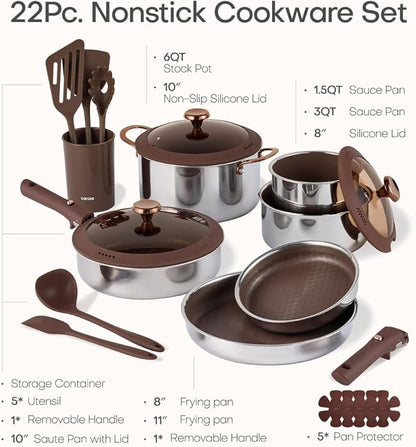 CAROTE 22PCS Stainless Steel Cookware Set, Ceramic Hybrid Nonstick Pots and Pans Set, Titanium Cookware, Kitchen Cookware Set, Induction Safe, Oven Safe, Brown, Mothers Day Gifts