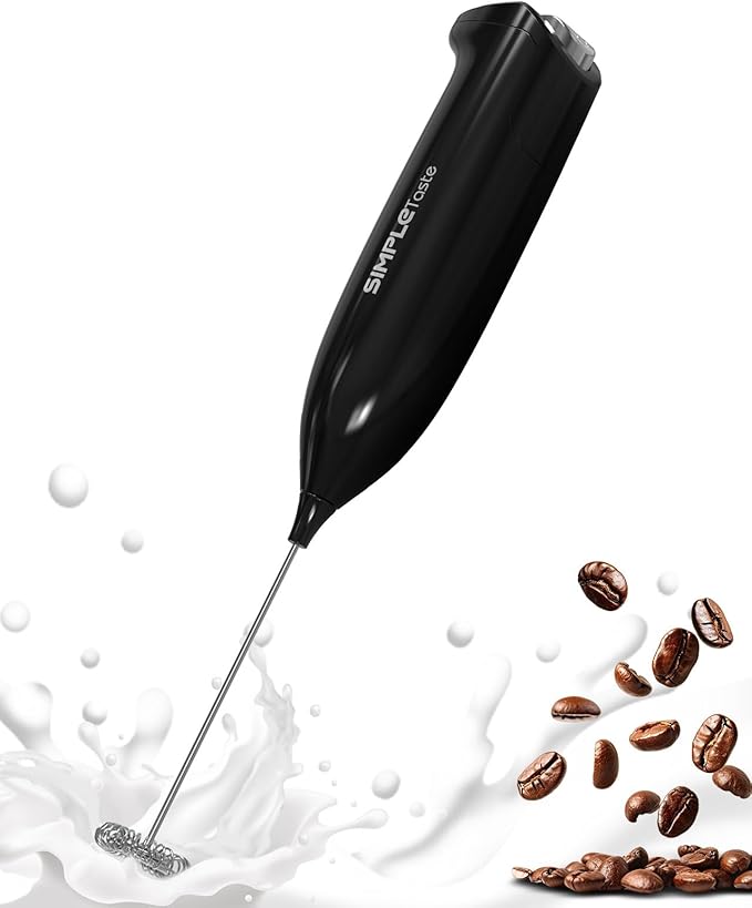 SIMPLETASTE Milk Frother Handheld Electric Foam Maker, Drink Mixer with Stainless Steel Whisk for Cappuccino, Bulletproof Coffee, Latte, Midnight Black, without Stand, Battery Operated by SIMPLETaste