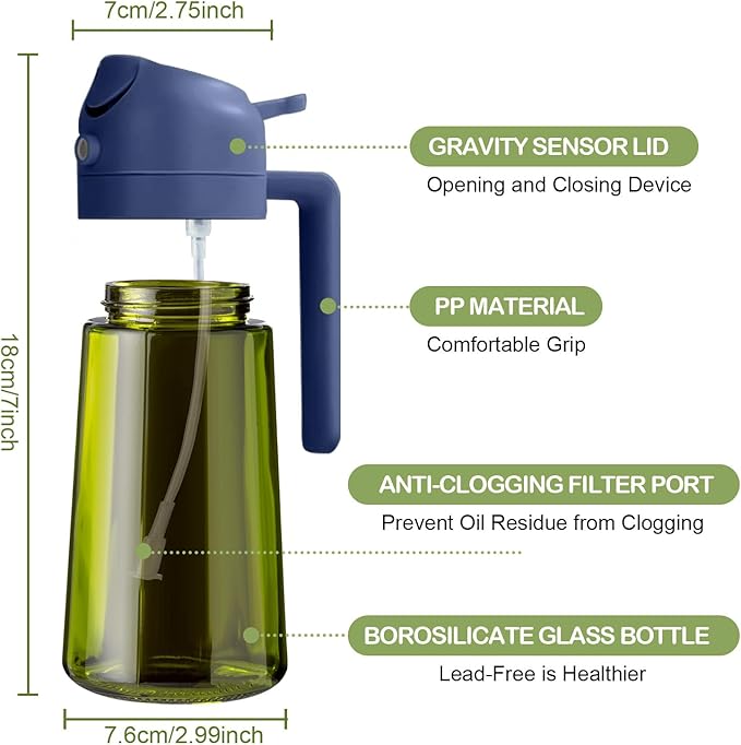 YARRAMATE 2Pcs 16oz/470ml Dark Green Oil Sprayer for Cooking with Stickers, Food-grade Premium 2 in 1 Olive Oil Dispenser Bottle for Kitchen Gadgets, Air Fryer, Salad, Frying, BBQ (Black&Navy) - Image 7