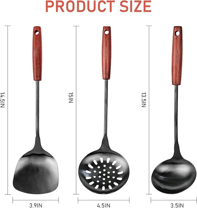 FJNATINH Wok Spatula and Ladle,Skimmer Ladle Tool Set, 17inches Spatula for Wok, 304 Stainless Steel Wok Spatula,Black - Image 2