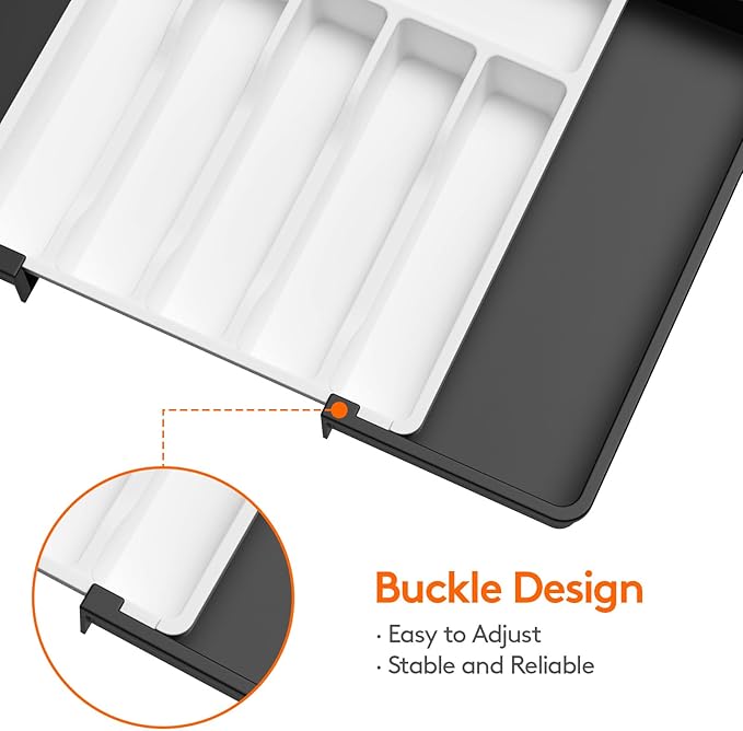 Lifewit Silverware Drawer Organizer, Expandable Utensil Tray for Kitchen, BPA Free Flatware and Cutlery Holder, Adjustable Plastic Storage for Spoons Forks Knives, 13-22 x 15", White&Black - Image 6