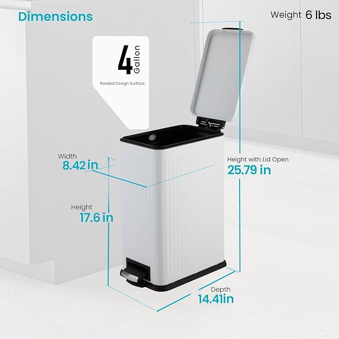 Home Zone Living 4 Gallon Kitchen Trash Can with Soft-Closing Lid and Step Pedal, Stainless Steel with Slim Ribbed Design for Home and Office, White, 17 Liters - Image 2