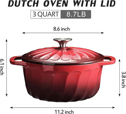 Enameled Cast Iron Dutch Oven Pot with Lid, 3 QT Dutch Oven for Bread Baking, Heavy Duty Cast Iron Pot for Braising, Cook, Bake, Oven Safe across All Cooktops (Red,3 QT)