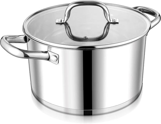 LIANYU 6 QT Stainless Steel Stock Pot, Kitchen Tri-ply Base Cooking Soup Pot with Glass Lid, Heavy Duty Non-toxic Cookware for Meal, Compatible with Induction Cooktop Electric Stove, Dishwasher Safe