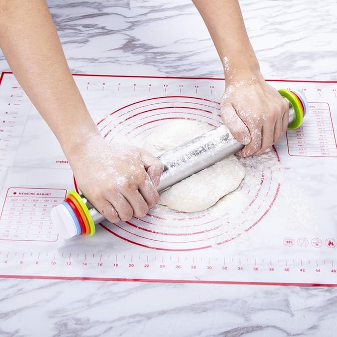 Rolling Pin and Pastry Baking Mat Set, Rolling Pins with Adjustable Thickness Rings, Stainless Steel Dough Roller for Baking Fondant, Pizza, Pie, Pastry, Pasta, Cookies (Red Mat) - Image 5