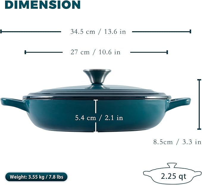 Flavehc Braiser Enameled Cast Iron Braiser 2.25 qt Braiser Pan with Lid DarkCyan Shallow Cast Iron Casserole Braiser Pan with Handels