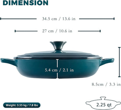 Flavehc Braiser Enameled Cast Iron Braiser 2.25 qt Braiser Pan with Lid DarkCyan Shallow Cast Iron Casserole Braiser Pan with Handels