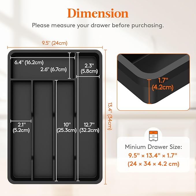 Lifewit Silverware Drawer Organizer Tray, Plastic Cutlery Storage for Kitchen, Flatware and Utensil Holder Divider for Spoons Forks Knives Tableware, 9.5 x 13.4", 5 Slots, Black - Image 2