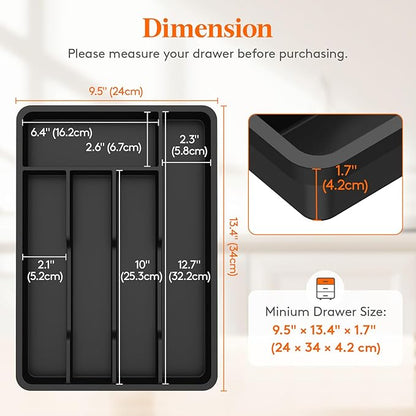 Lifewit Silverware Drawer Organizer Tray, Plastic Cutlery Storage for Kitchen, Flatware and Utensil Holder Divider for Spoons Forks Knives Tableware, 9.5 x 13.4", 5 Slots, Black - Image 2