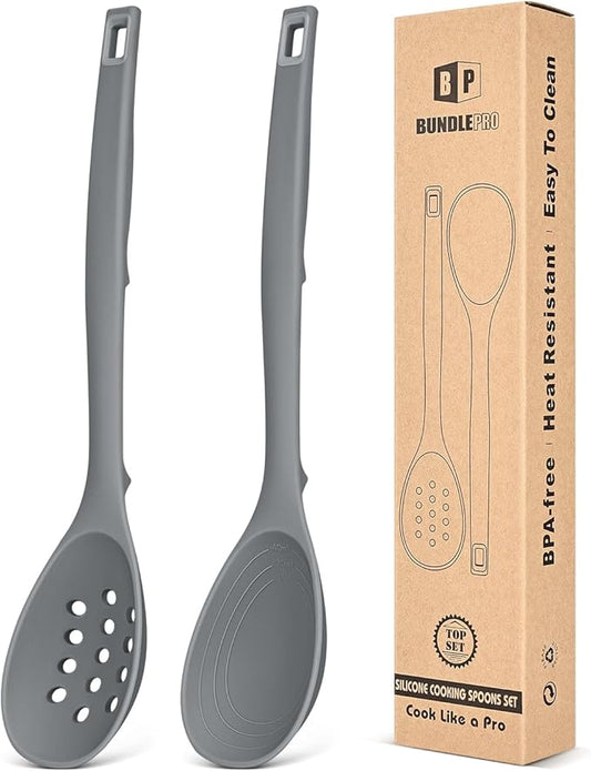 Pack of 2 Silicone Cooking Spoons, Non Stick Solid Kitchen Spoon with Measuring Marks & Back Hooks, Heat Resistant Silicone Slotted Spoon for Cooking, Mixing, Stirring,Serving (GRAY)