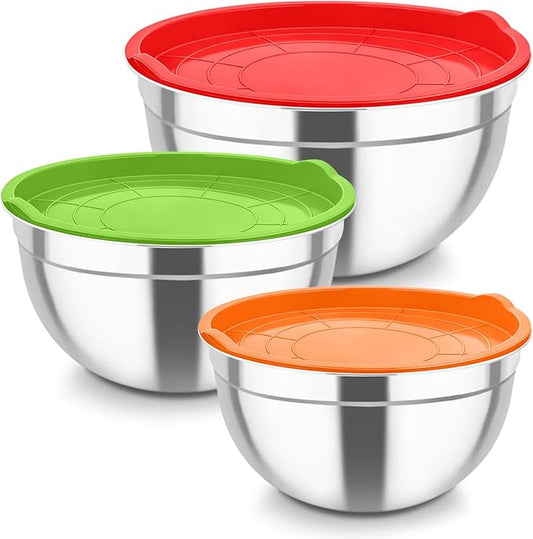 TeamFar Mixing Bowls, Stainless Steel Nesting Salad Bowls with Airtight Lids Set, For Serving/Mixing/Storing, Healthy & Long-lasting, Dishwasher Safe & Easy Clean, 4.6/3 / 1.5 QT, Colorful by TeamFar