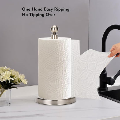 Kalitro Paper Towel Holder Countertop, Standing Paper Towel Roll Holder for Kitchen Bathroom, with Weighted Base for One-Handed Operation (Stainless Steel Base, Brushed Nickel) - Image 2