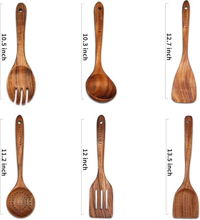 GreyWooden Kitchen Utensil Set, 6Pcs Wooden Cooking Utensils for Non-Stick Pan, 100% Natural Teak Wooden Spatula - Image 2