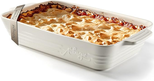 Casserole Dishes for Oven,9x13 Ceramic Baking Dish,4.2 Quarts Large Lasagna Pan with Handles Deep and Large Capacity,Durable Bakeware for Lasagna, Home Decor, Wedding Gift, White by AISBUGUR