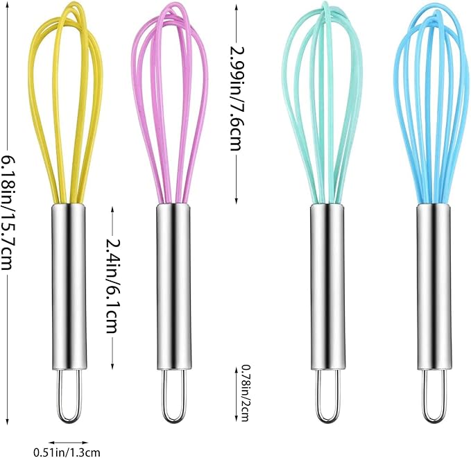4 Pack Colorful Mini Silicone Kitchen Whisks with Stainless Steel Handles for Milk Egg Blending Stirring Whisking and Beating(4 Colors,6 Inches) - Image 2