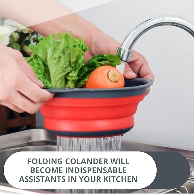 Red Round Silicone Collapsible Colander – Silicone Round Kitchen Strainers with Plastic Handles Foldable Kitchen Strainer Small Perfect for Draining Pasta Vegetable and Fruit - Image 6