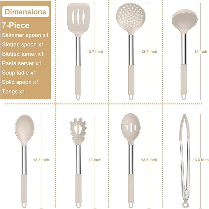 E-far Silicone Cooking Utensils Set, 7 Pcs Heat Resistant Kitchen Utensils with Stainless Steel Handle, Slotted Turner, Spoon, Soup Ladle, Pasta Server, Skimmer, Tongs for Nonstick Cookware, Khaki - Image 2
