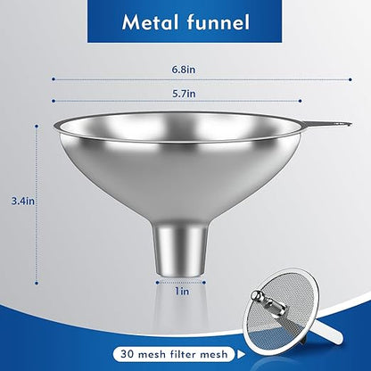 Serinar Stainless Steel Funnel (5.7 in. x 1 in. Mouth) with 30 Mesh Removable Stainless Steel Filter, Food Grade Metal Large Funnel for Kitchen, Liquids, Oils, Powders, Spices, Home Brewing. - Image 2