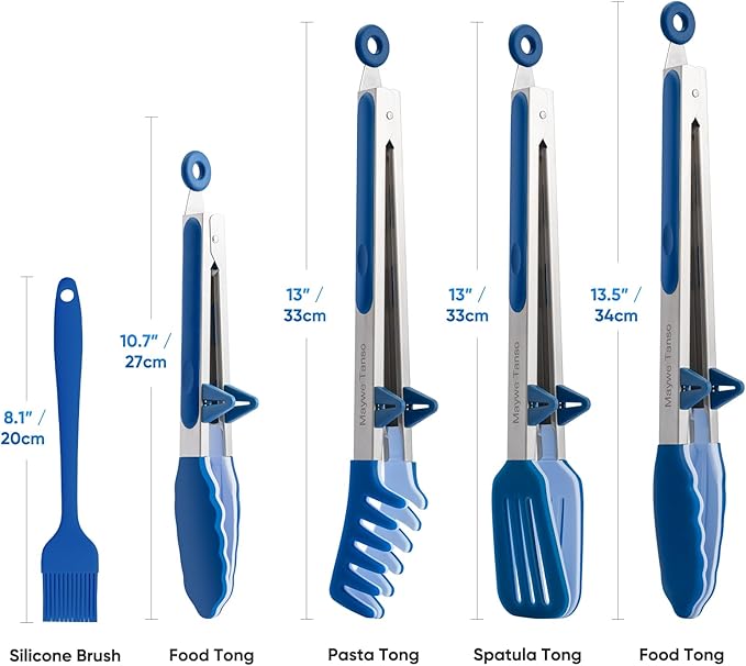 5-Pack Silicone Tongs for Cooking,Maywe Tanso 4PCS 13-Inch Kitchen Tongs with Silicone Tips,Nonstick Stainless Steel Tong for Steak Pie Pizza Pasta Spaghetti Salad BBQ Buffet,Plus Brush - Image 6