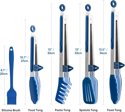 5-Pack Silicone Tongs for Cooking,Maywe Tanso 4PCS 13-Inch Kitchen Tongs with Silicone Tips,Nonstick Stainless Steel Tong for Steak Pie Pizza Pasta Spaghetti Salad BBQ Buffet,Plus Brush - Image 6