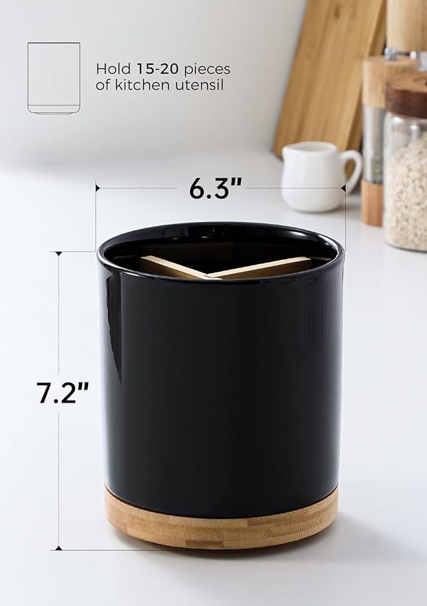 LoeJan 3 Compartment Utensil Holder, Extra Large Utensil Crock, Stable Ceramic Utensil Organizer, Cooking Tool Organizer Set for Kitchen Counter Farmhouse Decor (D-Black(Grossy)) - Image 2
