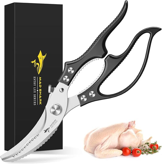 MAD SHARK Professional Heavy Duty Poultry Shears - Kitchen Shears for Spatchcocking Chicken and Meat Cutting, Multi-Purpose Kitchen Scissors for Food, Spring-loaded (Black) by MADSHARK