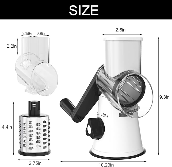 Cambom Rotary Cheese Grater Hand Crank Cheese Shredder for Fresh Cheese, Vegetable, Nuts,Non-slip Suction Base, Free Cleaning Brush Three Blades, White and Black - Image 8