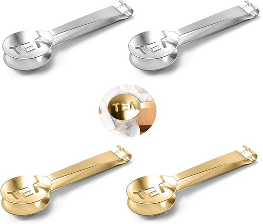 2Pcs Gold & 2Pcs Silver Tea Bag Squeezer, Stainless Steel Clip On Strainer, Tea Spoon Tongs For Loose Tea Ice Sugar Cubes, Tea Bag Holder Tea Accessories For Tea Drinkers