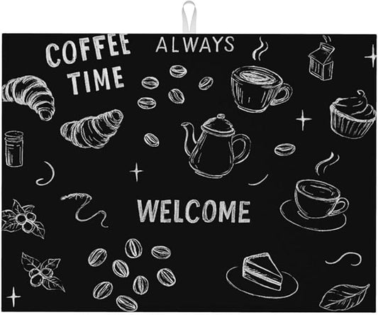 Black Ink Dish Drying Mats for Kitchen Counter, Large 18"x24" Dish Mats for Drying Dishes, Microfiber Absorbent Dish Drying Pad Rack Mat Kitchen Decor Reusable Washable