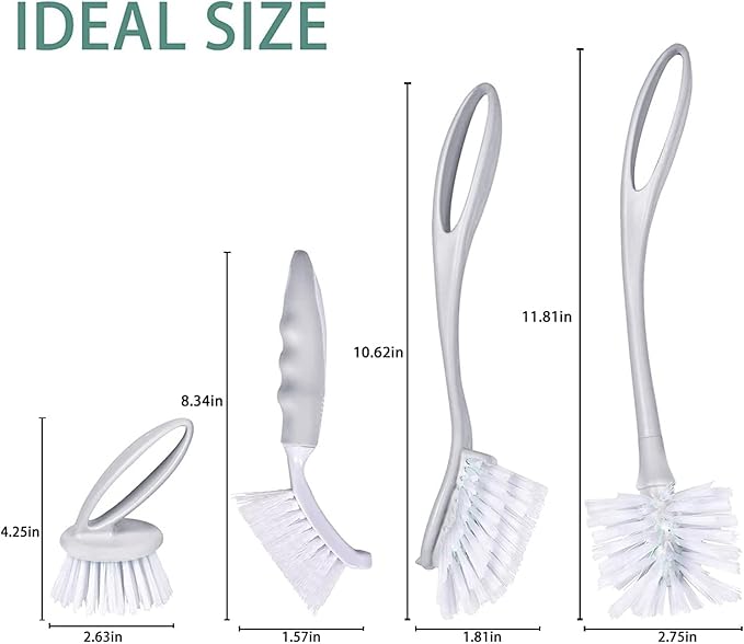 Dish & Bottle Brush Set, 4-Piece Kitchen Cleaning Brushes, Gray, Plastic Handles, Medium Bristles (Nylon or Polyester) - Image 7