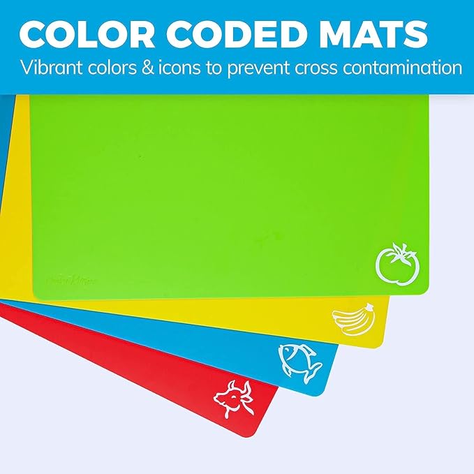 Cooler Kitchen 4 Piece Flexible Plastic Cutting Boards for Kitchen, BPA Free Plastic Cutting Mats For Kitchen - Extra Thick Chopping Mats - Mats Color Coded with Food Icons - Non Slip Dishwasher Safe