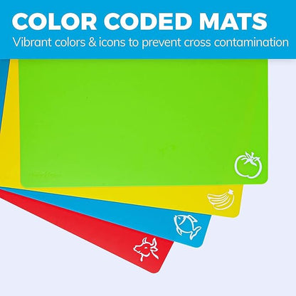 Cooler Kitchen 4 Piece Flexible Plastic Cutting Boards for Kitchen, BPA Free Plastic Cutting Mats For Kitchen - Extra Thick Chopping Mats - Mats Color Coded with Food Icons - Non Slip Dishwasher Safe