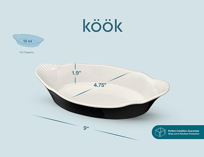 Au Gratin Baking Dishes, by Kook, Mini Casserole Dish, Set of 6, for Banana Split, Oven and Microwave Safe, Dishwasher Safe, Ceramic Serving Dishes, Lasagna & Cobblers, Individual Serving, 12 oz (Black) - Image 5