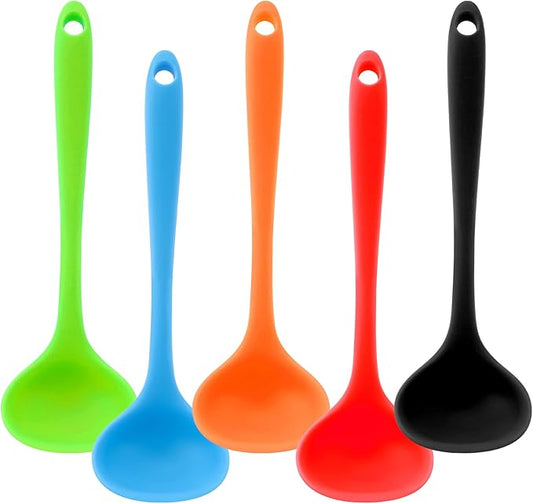 5 Pieces Silicone Ladles for Cooking - Small Soup Ladle Spoon Heat Resistant Kitchen Ladle Spoons, Cooking and Serving Spoon for Soup Sauce Chili Gravy Canning Pouring (5 Colors) by YuLohass