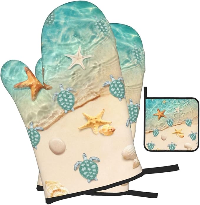Sea Turtles Beach Oven Mitts and Pot Holders Sets of 3 Nautical Kitchen Decor Heat Resistant Hot Pads Teal Nautical Decorative Oven Gloves for Cooking Grilling Baking - Image 2